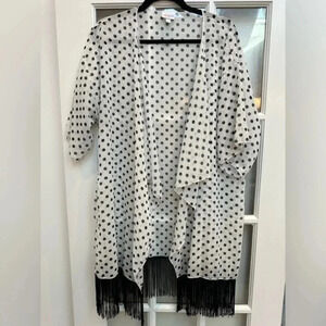 LuLaRoe Dark Navy Polka Dot Black Fringe Monroe Kimono Swim Coverup Size Large L